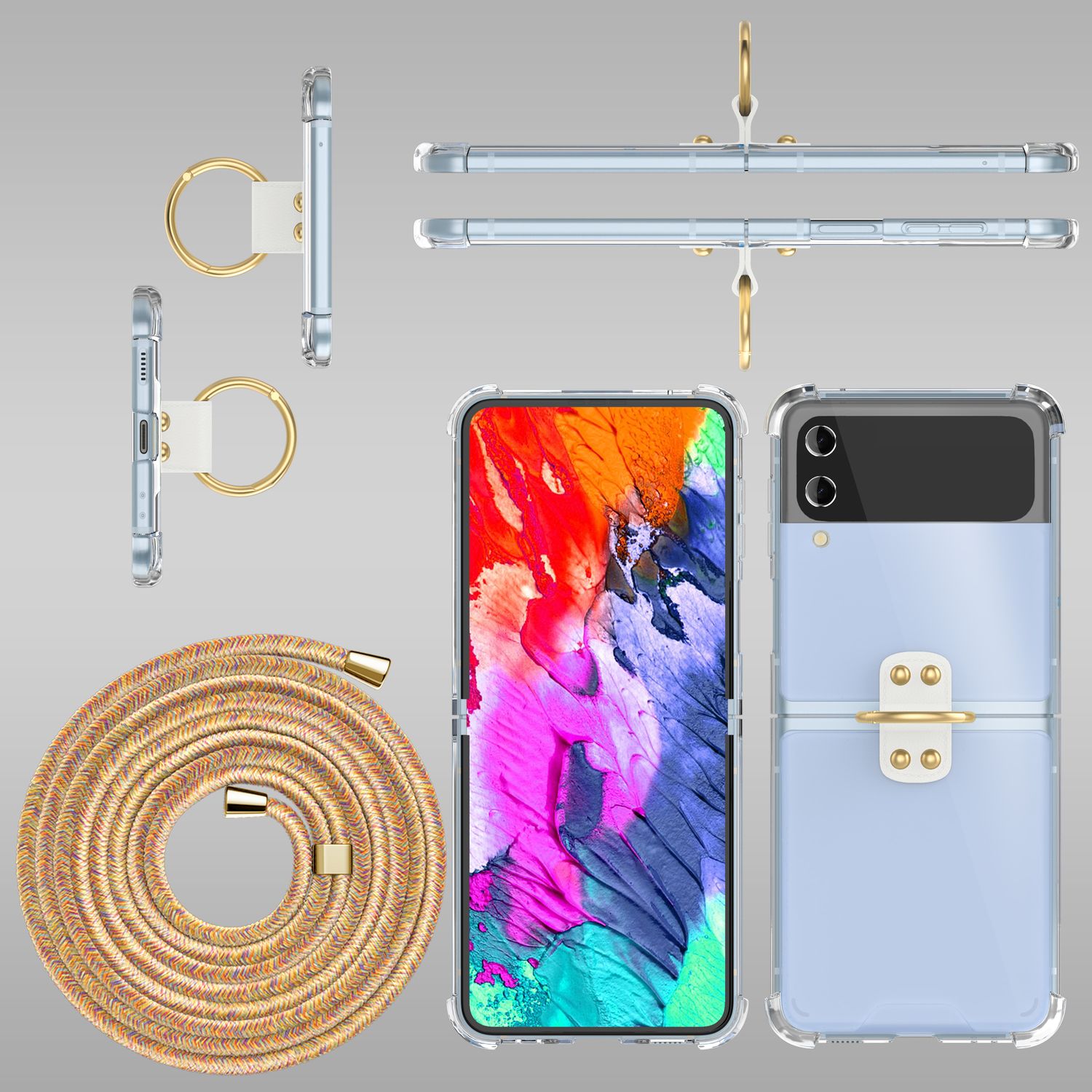 Umhänge Hülle für Samsung Galaxy Z Flip4 Klare Schutzhülle mit Band Schnur Ring Regenbogen NALIA