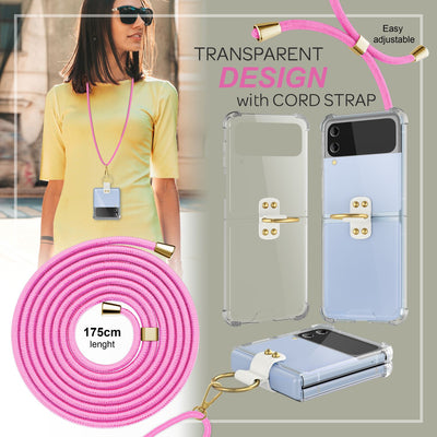 NALIA Klare Handyhülle mit Kette kompatibel mit Samsung Galaxy Z Flip4 Hülle, Transparente Schutzhülle mit Ring & Handy-Schnur zum Umhängen, Robuste Harte Rückseite & Silikon-Rand Pink NALIA Transparente Hülle