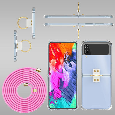 NALIA Klare Handyhülle mit Kette kompatibel mit Samsung Galaxy Z Flip4 Hülle, Transparente Schutzhülle mit Ring & Handy-Schnur zum Umhängen, Robuste Harte Rückseite & Silikon-Rand Pink NALIA Transparente Hülle