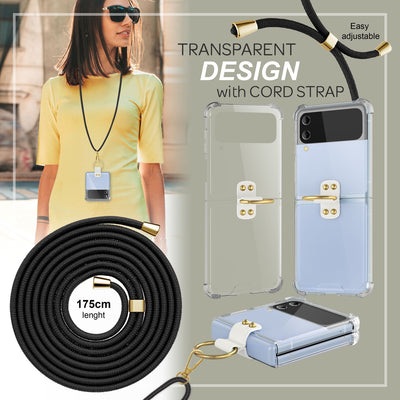 NALIA Klare Handyhülle mit Kette kompatibel mit Samsung Galaxy Z Flip4 Hülle, Transparente Schutzhülle mit Ring & Handy-Schnur zum Umhängen, Robuste Harte Rückseite & Silikon-Rand Schwarz NALIA Transparente Hülle