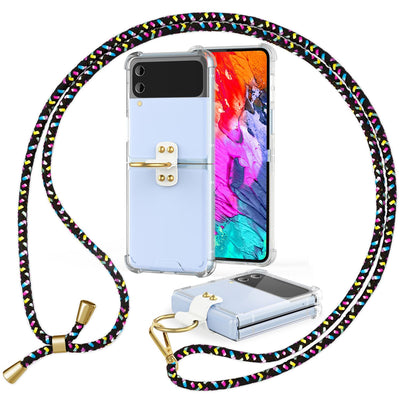 NALIA Klare Handyhülle mit Kette kompatibel mit Samsung Galaxy Z Flip4 Hülle, Transparente Schutzhülle mit Ring & Handy-Schnur zum Umhängen, Robuste Harte Rückseite & Silikon-Rand Schwarz Bunt NALIA Transparente Hülle