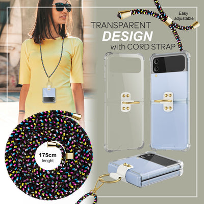 NALIA Klare Handyhülle mit Kette kompatibel mit Samsung Galaxy Z Flip4 Hülle, Transparente Schutzhülle mit Ring & Handy-Schnur zum Umhängen, Robuste Harte Rückseite & Silikon-Rand Schwarz Bunt NALIA Transparente Hülle