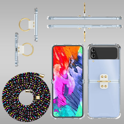 NALIA Klare Handyhülle mit Kette kompatibel mit Samsung Galaxy Z Flip4 Hülle, Transparente Schutzhülle mit Ring & Handy-Schnur zum Umhängen, Robuste Harte Rückseite & Silikon-Rand Schwarz Bunt NALIA Transparente Hülle
