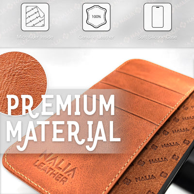 NALIA Echtlederhülle für iPhone 14 Plus – RFID Wallet & Magnet-Verschluss – LEVANTO (Handgefertigte Klapphülle) – Marke aus Berlin Braun NALIA Protective Hülle