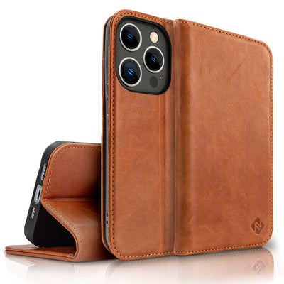 NALIA Echtlederhülle für iPhone 14 Pro Max – RFID Wallet & Magnet-Verschluss – LEVANTO (Handgefertigte Klapphülle) – Marke aus Berlin Braun NALIA Protective Hülle
