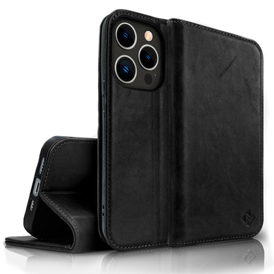 NALIA Echtlederhülle für iPhone 14 Pro Max – RFID Wallet & Magnet-Verschluss – LEVANTO (Handgefertigte Klapphülle) – Marke aus Berlin Schwarz NALIA Protective Hülle