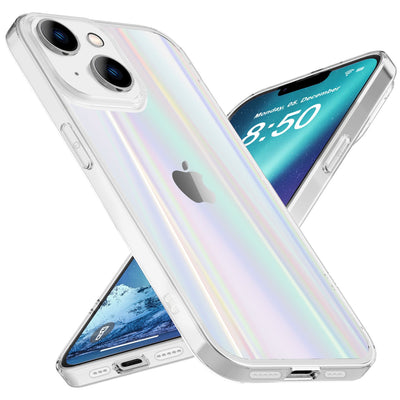 NALIA Klares Hartglas Case kompatibel mit iPhone 14 Plus Hülle, Transparent Regenbogen Effekt Anti-Gelb Robust Tempered Glass & Silikon Bumper, Holografisch Bunt Glänzende Handyhülle Durchsichtig Default Title NALIA Protective Hülle