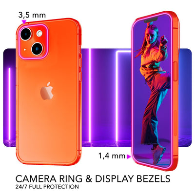 NALIA Neon Silikonhülle für iPhone 14 Plus – Knallige Signal-Farbe & Linsenschutz – VIBE (Transparentes Case) – Marke aus Berlin Orange NALIA Neon Hülle