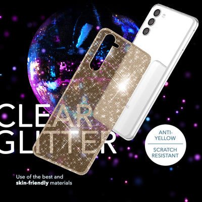 NALIA Glitzerhülle für Samsung Galaxy S23 Plus – Funkelndes Silikon Case – DAZZLIN (Transparent & Stoßfest) – Marke aus Berlin Gold NALIA Transparente Hülle