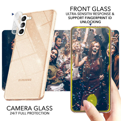 NALIA Glitzerhülle für Samsung Galaxy S23 Plus – Funkelndes Silikon Case – DAZZLIN (Transparent & Stoßfest) – Marke aus Berlin Gold NALIA Transparente Hülle