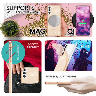 NALIA Glitzerhülle für Samsung Galaxy S23 Plus – Funkelndes Silikon Case – DAZZLIN (Transparent & Stoßfest) – Marke aus Berlin Gold NALIA Transparente Hülle