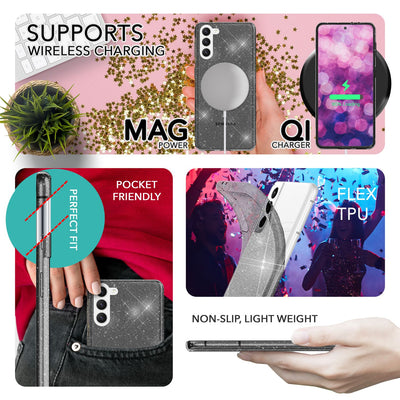 NALIA Glitzerhülle für Samsung Galaxy S23 Plus – Funkelndes Silikon Case – DAZZLIN (Transparent & Stoßfest) – Marke aus Berlin Schwarz NALIA Transparente Hülle