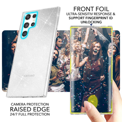 NALIA Glitzerhülle für Samsung Galaxy S23 Ultra – Funkelndes Silikon Case – DAZZLIN (Transparent & Stoßfest) – Marke aus Berlin Transparent NALIA Transparente Hülle