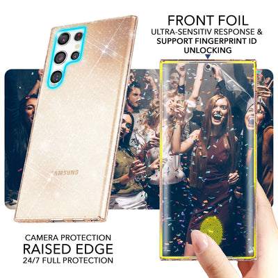 NALIA Glitzerhülle für Samsung Galaxy S23 Ultra – Funkelndes Silikon Case – DAZZLIN (Transparent & Stoßfest) – Marke aus Berlin Gold NALIA Transparente Hülle