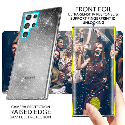NALIA Glitzerhülle für Samsung Galaxy S23 Ultra – Funkelndes Silikon Case – DAZZLIN (Transparent & Stoßfest) – Marke aus Berlin Schwarz NALIA Transparente Hülle