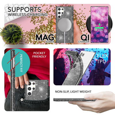 NALIA Glitzerhülle für Samsung Galaxy S23 Ultra – Funkelndes Silikon Case – DAZZLIN (Transparent & Stoßfest) – Marke aus Berlin Schwarz NALIA Transparente Hülle