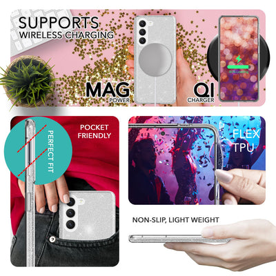 NALIA Glitzerhülle für Samsung Galaxy S23 Plus – Funkelnder Glitzer-Look & Grip – SHINEPOP (Silikon Case) – Marke aus Berlin Silber NALIA Protective Hülle