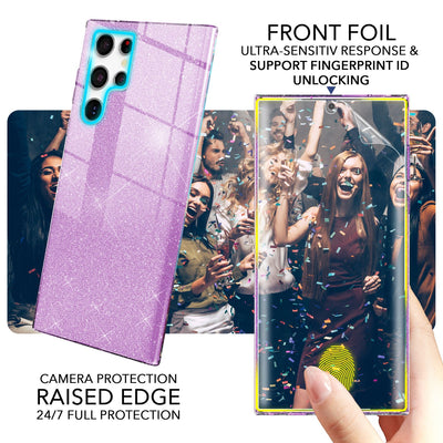 NALIA Glitzerhülle für Samsung Galaxy S23 Ultra – Funkelnder Glitzer-Look & Grip – SHINEPOP (Silikon Case) – Marke aus Berlin Lila NALIA Protective Hülle