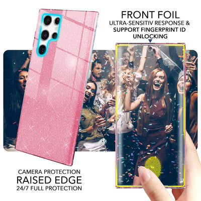 NALIA Glitzerhülle für Samsung Galaxy S23 Ultra – Funkelnder Glitzer-Look & Grip – SHINEPOP (Silikon Case) – Marke aus Berlin Pink NALIA Protective Hülle
