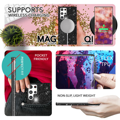 NALIA Glitzerhülle für Samsung Galaxy S23 Ultra – Funkelnder Glitzer-Look & Grip – SHINEPOP (Silikon Case) – Marke aus Berlin Schwarz NALIA Protective Hülle