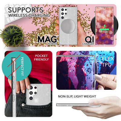 NALIA Glitzerhülle für Samsung Galaxy S23 Ultra – Funkelnder Glitzer-Look & Grip – SHINEPOP (Silikon Case) – Marke aus Berlin Silber NALIA Protective Hülle