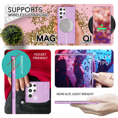 NALIA Glitzerhülle für Samsung Galaxy S23 Ultra – Funkelnder Glitzer-Look & Grip – SHINEPOP (Silikon Case) – Marke aus Berlin Lila NALIA Protective Hülle