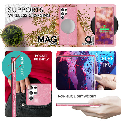 NALIA Glitzerhülle für Samsung Galaxy S23 Ultra – Funkelnder Glitzer-Look & Grip – SHINEPOP (Silikon Case) – Marke aus Berlin Pink NALIA Protective Hülle