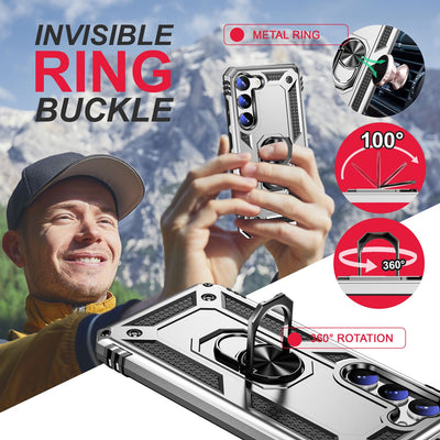 NALIA Panzerhülle für Samsung Galaxy S23 – Ring-Ständer 360° & Magnet-Halterung Kompatibel – RINGDEFEND (Stoßfestes Outdoor Case) – Marke aus Berlin Silber NALIA Outdoor Hülle