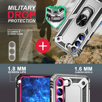 NALIA Panzerhülle für Samsung Galaxy S23 Plus – Ring-Ständer 360° & Magnet-Halterung Kompatibel – RINGDEFEND (Stoßfestes Outdoor Case) – Marke aus Berlin Silber NALIA Protective Hülle
