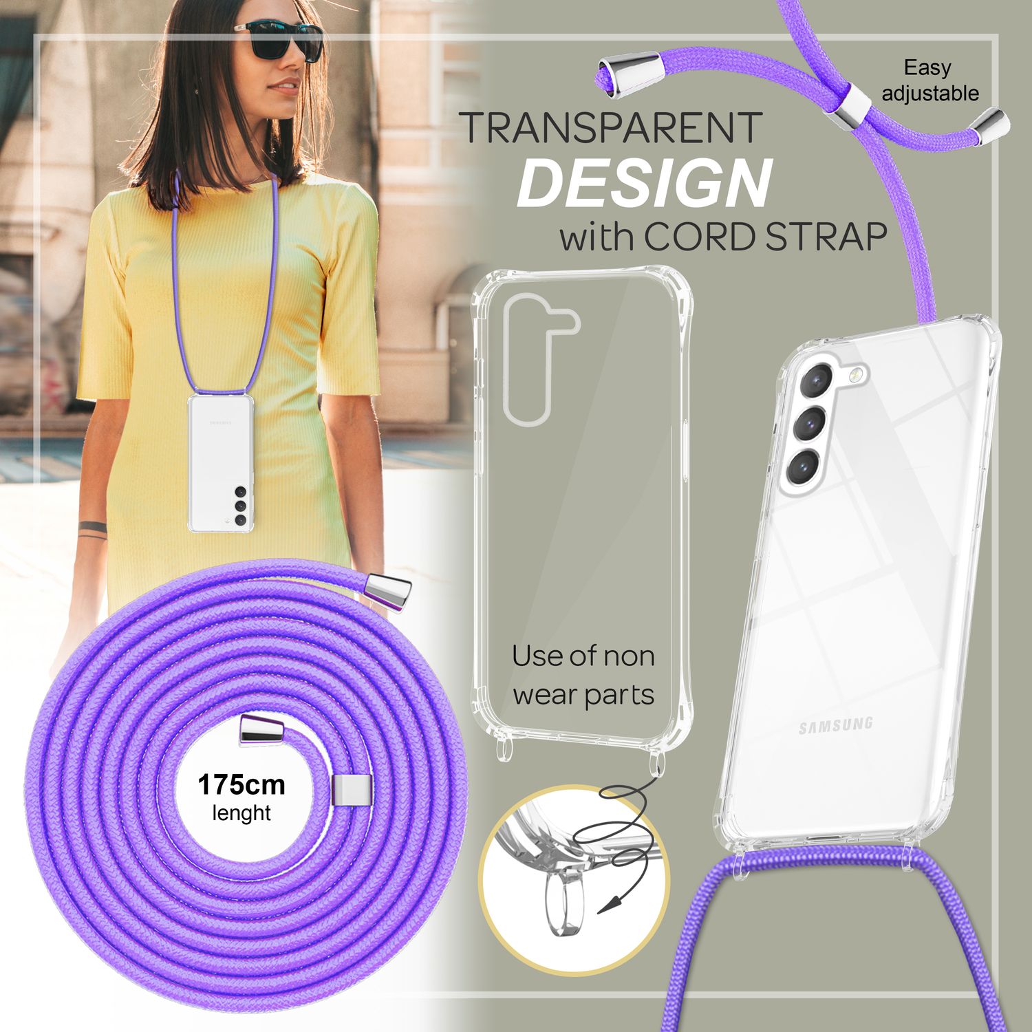 Klare Hybrid Hülle mit Kette zum Umhängen für Samsung Galaxy S23 Lila NALIA Transparente Hülle