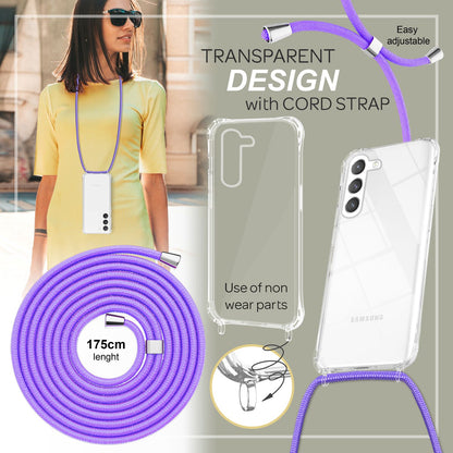 Klare Hybrid Hülle mit Kette zum Umhängen für Samsung Galaxy S23 Lila NALIA Transparente Hülle