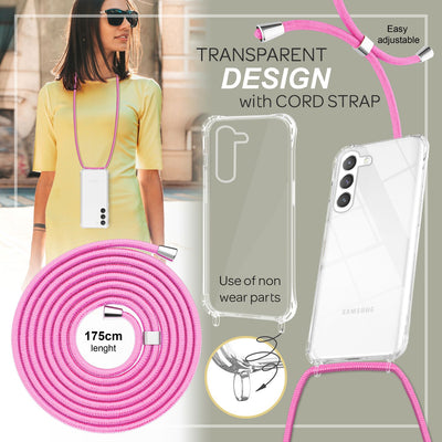 NALIA Handykette für Samsung Galaxy S23 – Transparentes Hybrid-Case & Band – HANGIT PRO (Anti-Gelb Rückseite & Verstellbar) – Marke aus Berlin Pink NALIA Transparente Hülle