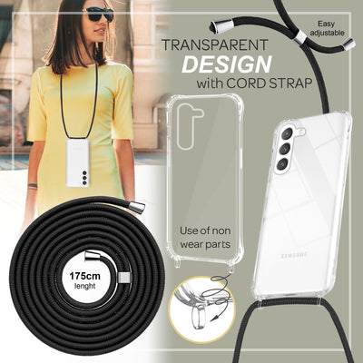 NALIA Handykette für Samsung Galaxy S23 – Transparentes Hybrid-Case & Band – HANGIT PRO (Anti-Gelb Rückseite & Verstellbar) – Marke aus Berlin Schwarz NALIA Transparente Hülle