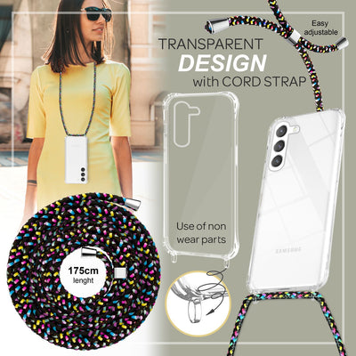NALIA Handykette für Samsung Galaxy S23 – Transparentes Hybrid-Case & Band – HANGIT PRO (Anti-Gelb Rückseite & Verstellbar) – Marke aus Berlin Schwarz Bunt NALIA Transparente Hülle