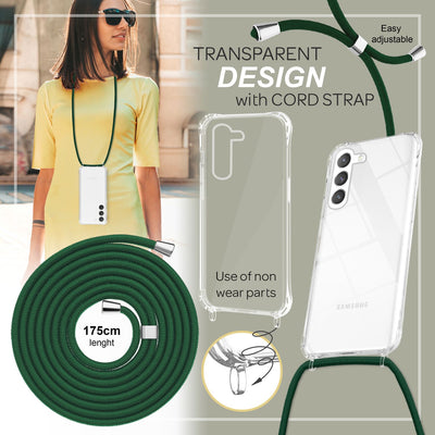 NALIA Handykette für Samsung Galaxy S23 Plus – Transparentes Hybrid-Case & Band – HANGIT PRO (Anti-Gelb Rückseite & Verstellbar) – Marke aus Berlin Dunkel-Grün NALIA Transparente Hülle