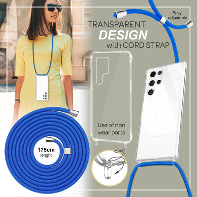 NALIA Handykette für Samsung Galaxy S23 Ultra – Transparentes Hybrid-Case & Band – HANGIT PRO (Anti-Gelb Rückseite & Verstellbar) – Marke aus Berlin Blau NALIA Transparente Hülle