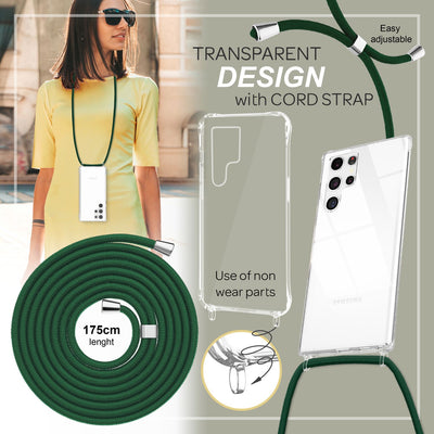 NALIA Handykette für Samsung Galaxy S23 Ultra – Transparentes Hybrid-Case & Band – HANGIT PRO (Anti-Gelb Rückseite & Verstellbar) – Marke aus Berlin Dunkel-Grün NALIA Transparente Hülle