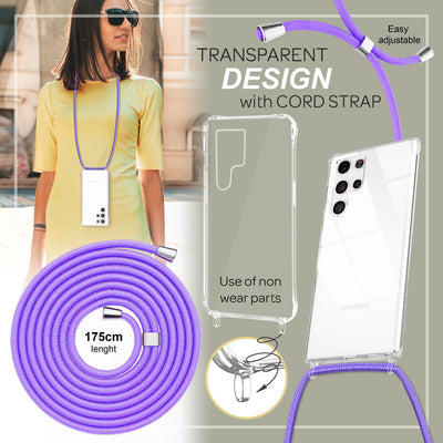 NALIA Handykette für Samsung Galaxy S23 Ultra – Transparentes Hybrid-Case & Band – HANGIT PRO (Anti-Gelb Rückseite & Verstellbar) – Marke aus Berlin Lila NALIA Transparente Hülle