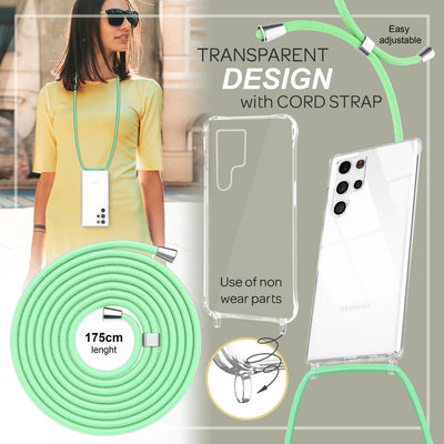 NALIA Handykette für Samsung Galaxy S23 Ultra – Transparentes Hybrid-Case & Band – HANGIT PRO (Anti-Gelb Rückseite & Verstellbar) – Marke aus Berlin Mint-Grün NALIA Transparente Hülle