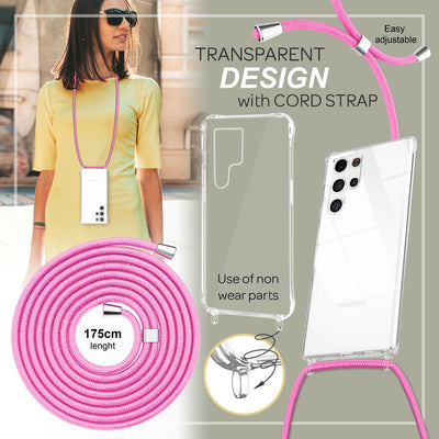 NALIA Handykette für Samsung Galaxy S23 Ultra – Transparentes Hybrid-Case & Band – HANGIT PRO (Anti-Gelb Rückseite & Verstellbar) – Marke aus Berlin Pink NALIA Transparente Hülle