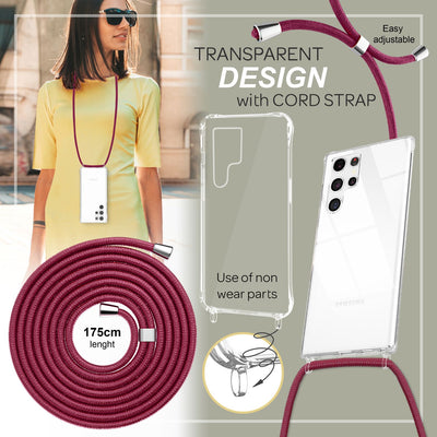 NALIA Handykette für Samsung Galaxy S23 Ultra – Transparentes Hybrid-Case & Band – HANGIT PRO (Anti-Gelb Rückseite & Verstellbar) – Marke aus Berlin Rot NALIA Transparente Hülle