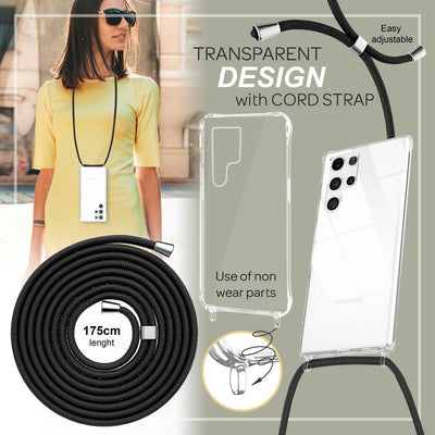 NALIA Handykette für Samsung Galaxy S23 Ultra – Transparentes Hybrid-Case & Band – HANGIT PRO (Anti-Gelb Rückseite & Verstellbar) – Marke aus Berlin Schwarz NALIA Transparente Hülle