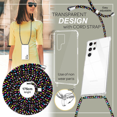 NALIA Handykette für Samsung Galaxy S23 Ultra – Transparentes Hybrid-Case & Band – HANGIT PRO (Anti-Gelb Rückseite & Verstellbar) – Marke aus Berlin Schwarz Bunt NALIA Transparente Hülle