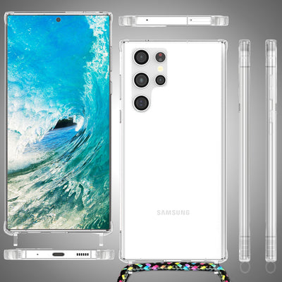 NALIA Handykette für Samsung Galaxy S23 Ultra – Transparentes Hybrid-Case & Band – HANGIT PRO (Anti-Gelb Rückseite & Verstellbar) – Marke aus Berlin Schwarz Bunt NALIA Transparente Hülle