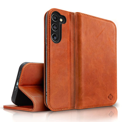 NALIA Echtlederhülle für Samsung Galaxy S23 – RFID Wallet & Magnet-Verschluss – LEVANTO (Handgefertigte Klapphülle) – Marke aus Berlin Braun NALIA Protective Hülle