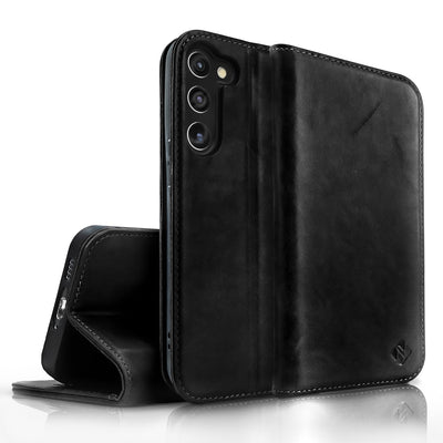 NALIA Echtlederhülle für Samsung Galaxy S23 Plus – RFID Wallet & Magnet-Verschluss – LEVANTO (Handgefertigte Klapphülle) – Marke aus Berlin Schwarz NALIA Protective Hülle