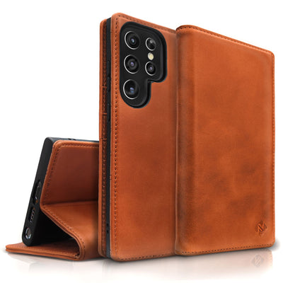 NALIA Echt-Leder Flip-Case kompatibel mit Samsung Galaxy S23 Ultra Hülle, 360 Grad Bookcase, RFID-Schutz, Klapphülle mit Kartenfächern und Magnetverschluss, Handyhülle mit Standfunktion Braun NALIA Protective Hülle