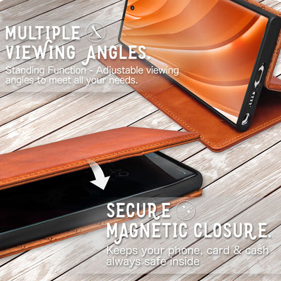 NALIA Echt-Leder Flip-Case kompatibel mit Samsung Galaxy S23 Ultra Hülle, 360 Grad Bookcase, RFID-Schutz, Klapphülle mit Kartenfächern und Magnetverschluss, Handyhülle mit Standfunktion Braun NALIA Protective Hülle