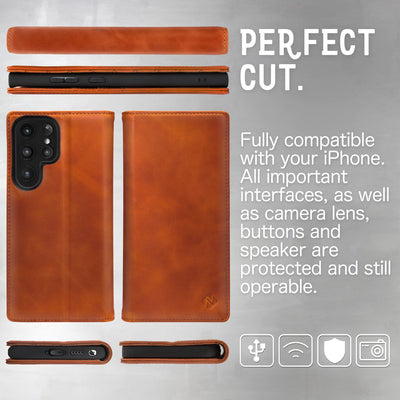 NALIA Echt-Leder Flip-Case kompatibel mit Samsung Galaxy S23 Ultra Hülle, 360 Grad Bookcase, RFID-Schutz, Klapphülle mit Kartenfächern und Magnetverschluss, Handyhülle mit Standfunktion Braun NALIA Protective Hülle