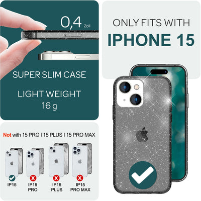 NALIA Glitzerhülle für iPhone 15 – Funkelndes Silikon Case – DAZZLIN (Transparent & Stoßfest) – Marke aus Berlin Schwarz NALIA Transparente Hülle